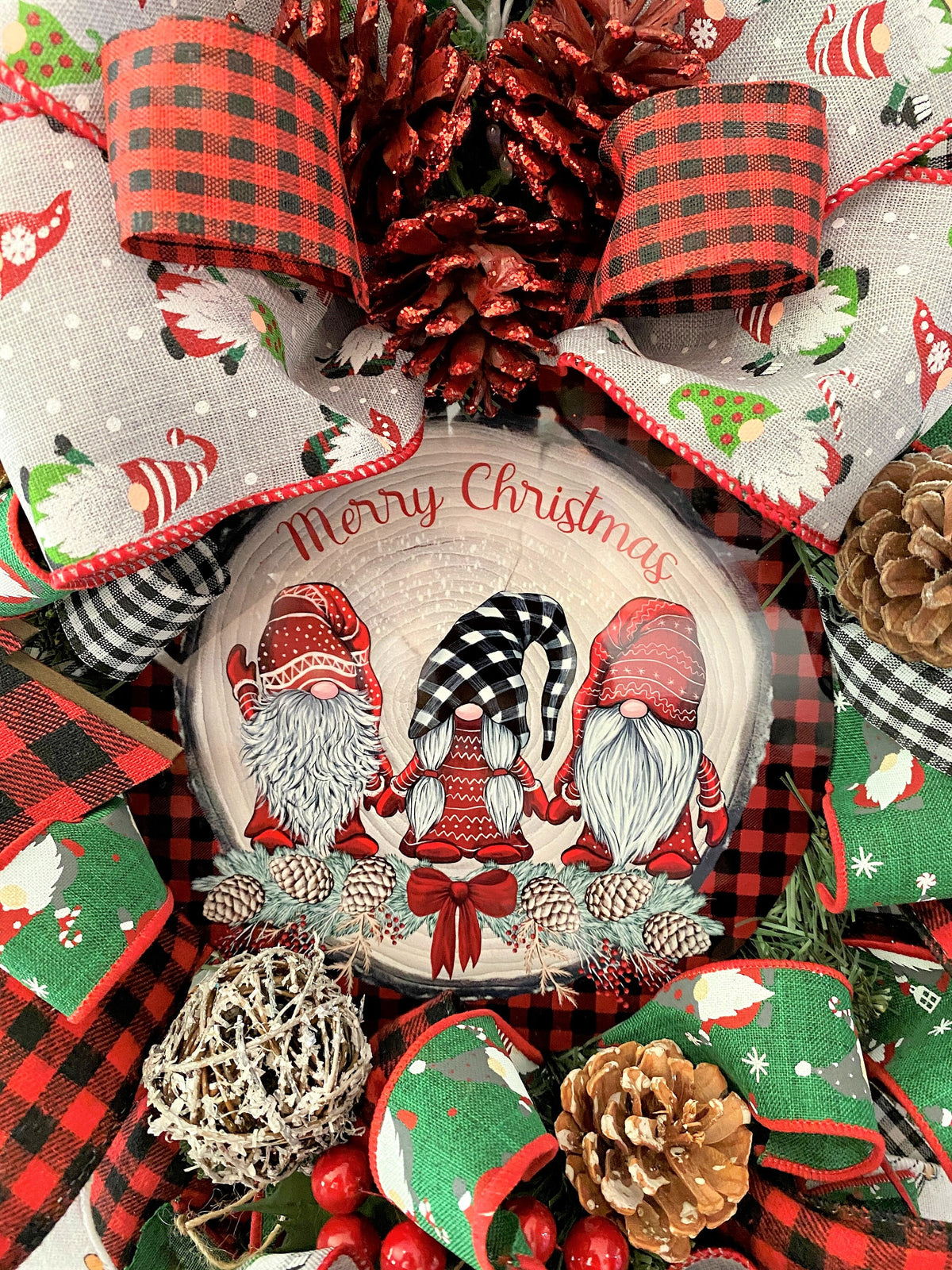 Gnome Door Swag, Merry Christmas, Red, and Black Buffalo Plaid, Ribbon, and Evergreen Teardrop Swag.