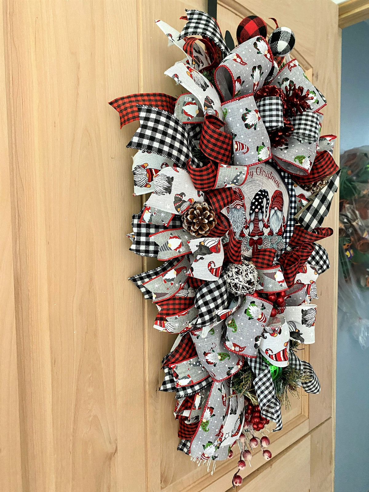Gnome Door Swag, Merry Christmas, Black, and White Buffalo Plaid, Ribbon, and Evergreen Teardrop Swag.