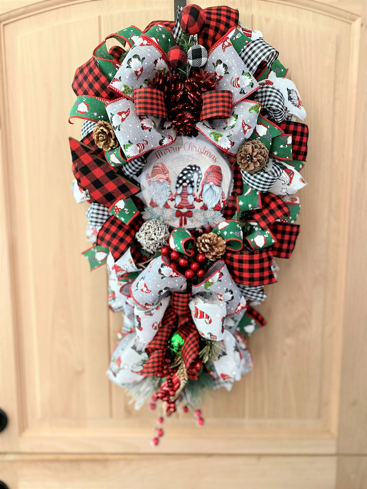 Gnome Door Swag, Merry Christmas, Red, and Black Buffalo Plaid, Ribbon, and Evergreen Teardrop Swag.