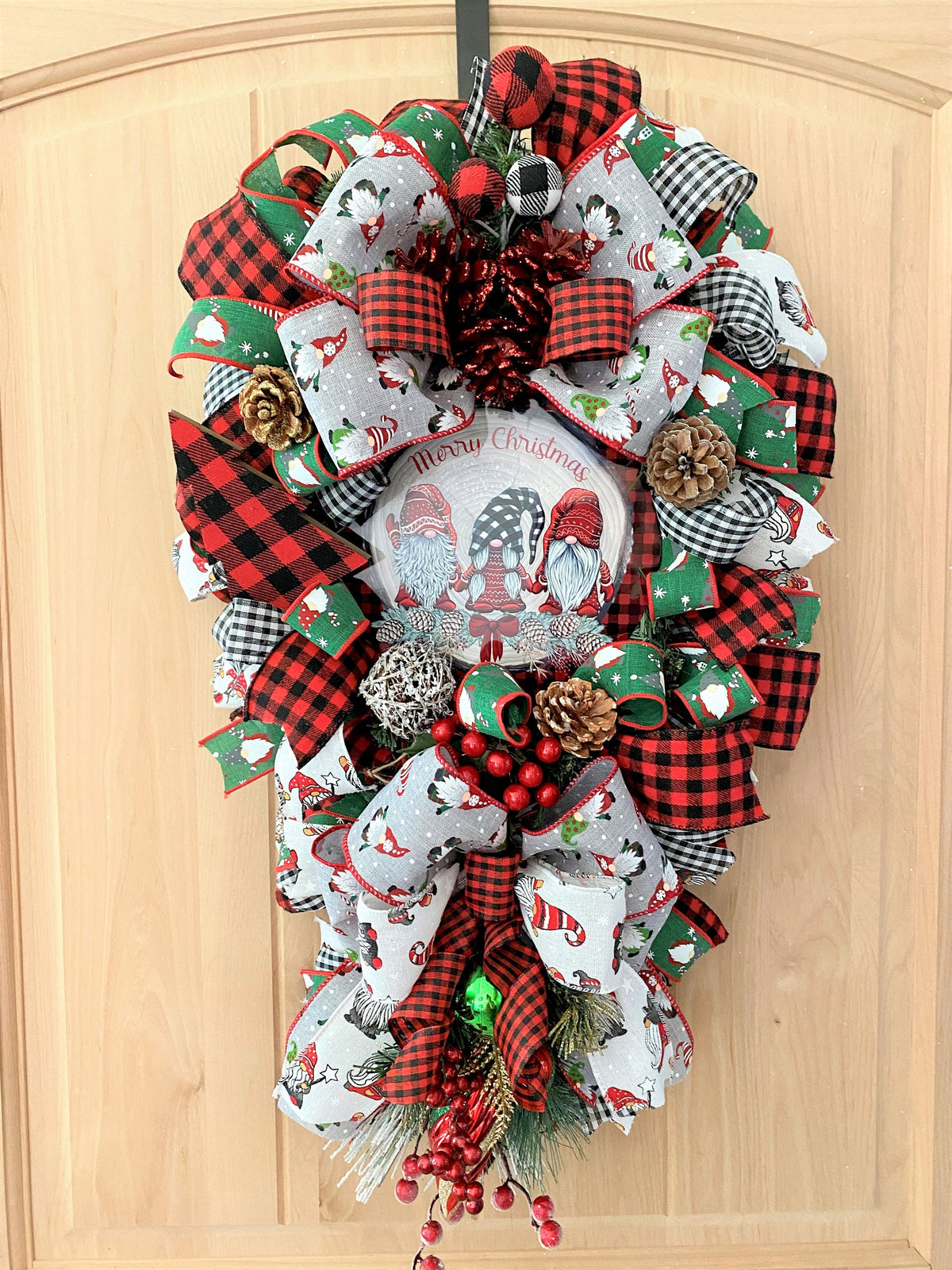 Gnome Door Swag, Merry Christmas, Red, and Black Buffalo Plaid, Ribbon, and Evergreen Teardrop Swag.