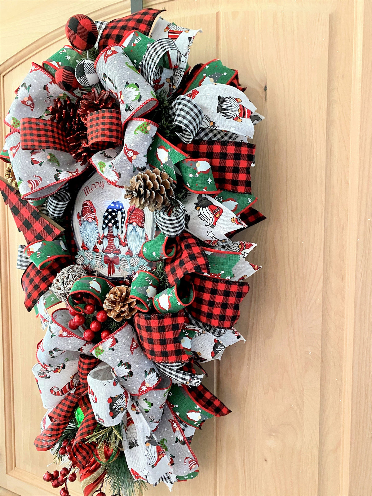 Gnome Door Swag, Merry Christmas, Red, and Black Buffalo Plaid, Ribbon, and Evergreen Teardrop Swag.