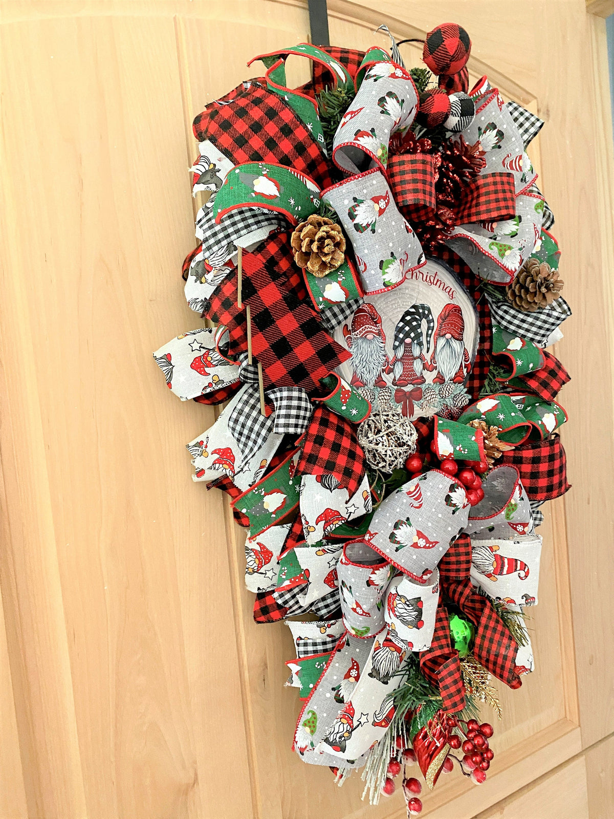 Gnome Door Swag, Merry Christmas, Red, and Black Buffalo Plaid, Ribbon, and Evergreen Teardrop Swag.