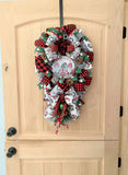Gnome Door Swag, Merry Christmas, Red, and Black Buffalo Plaid, Ribbon, and Evergreen Teardrop Swag.