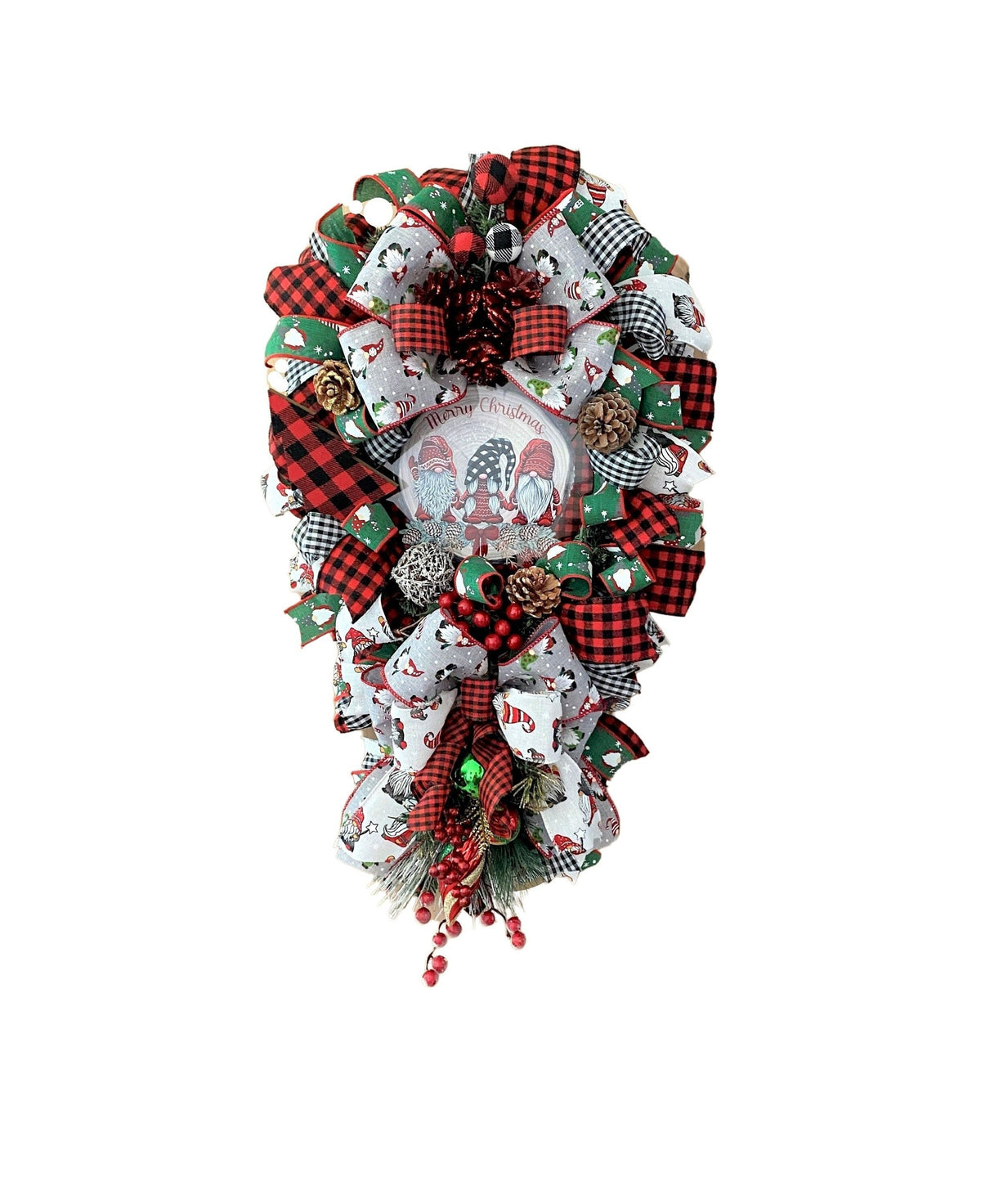 Gnome Door Swag, Merry Christmas, Red, and Black Buffalo Plaid, Ribbon, and Evergreen Teardrop Swag.