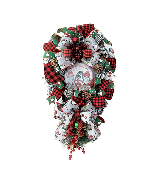 Gnome Door Swag, Merry Christmas, Red, and Black Buffalo Plaid, Ribbon, and Evergreen Teardrop Swag.