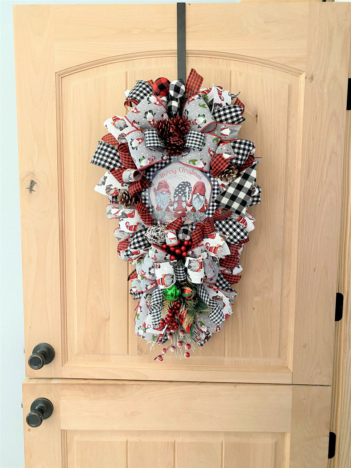 Gnome Door Swag, Merry Christmas, Black, and White Buffalo Plaid, Ribbon, and Evergreen Teardrop Swag.
