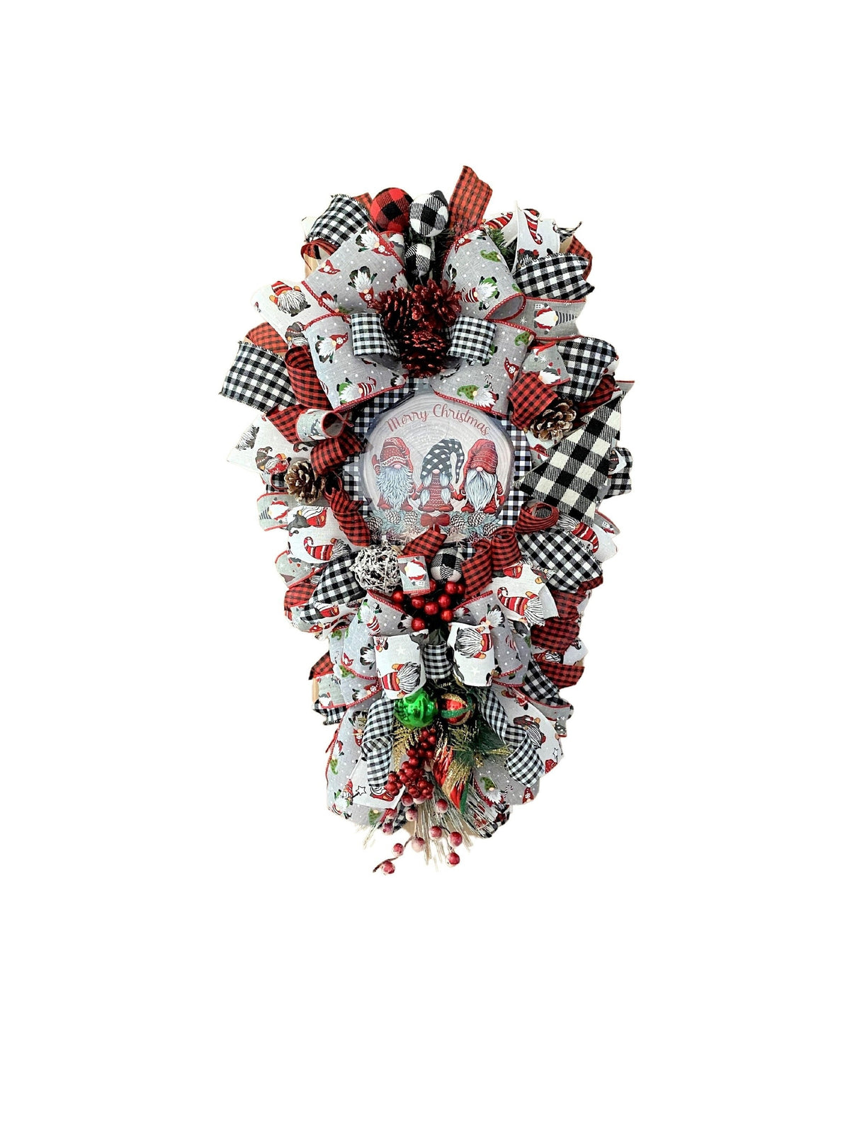 Gnome Door Swag, Merry Christmas, Black, and White Buffalo Plaid, Ribbon, and Evergreen Teardrop Swag.