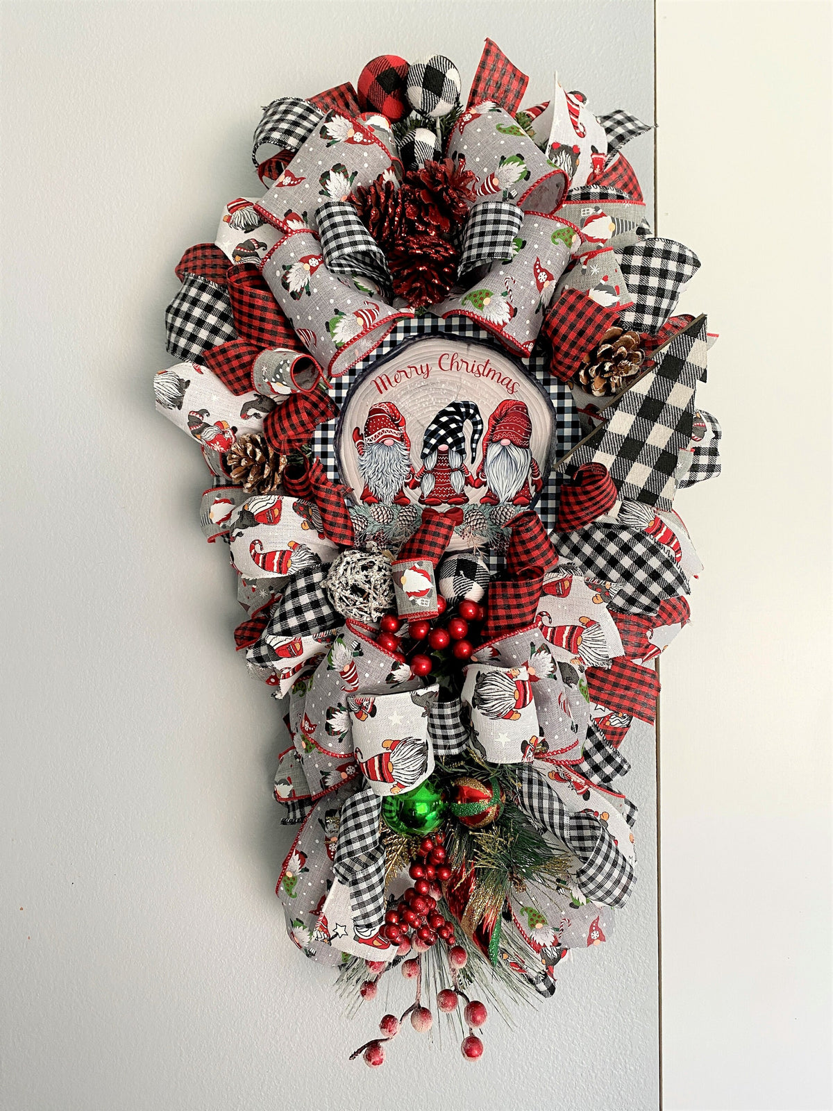 Gnome Door Swag, Merry Christmas, Black, and White Buffalo Plaid, Ribbon, and Evergreen Teardrop Swag.