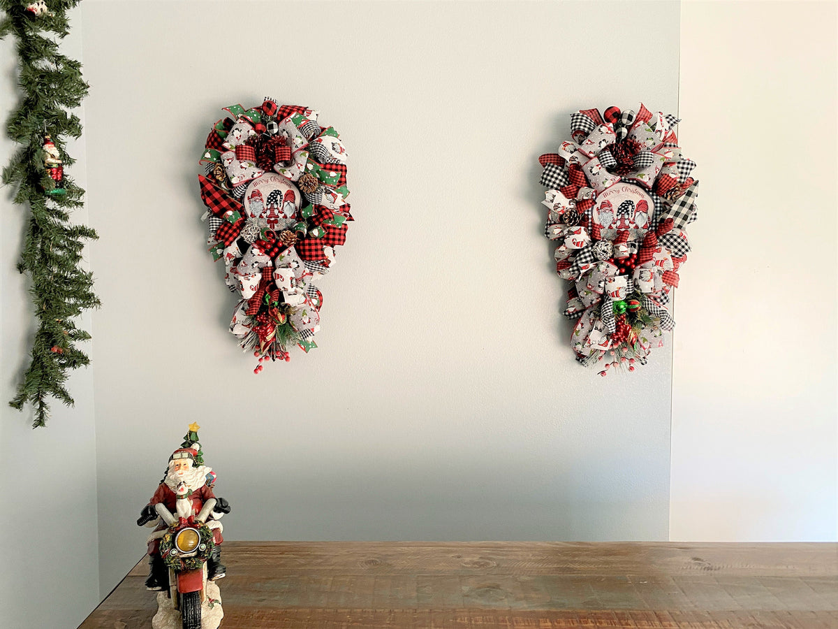 Gnome Door Swag, Merry Christmas, Red, and Black Buffalo Plaid, Ribbon, and Evergreen Teardrop Swag.