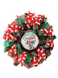Merry Christmas Dog Wreath, Red, Green, White, Black, Paws, Dog Bones, Buffalo Plaid, Deco Mesh And Wired Ribbons, Small Size Wreath