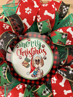 Merry Christmas Dog Wreath, Red, Green, White, Black, Paws, Dog Bones, Buffalo Plaid, Deco Mesh And Wired Ribbons, Small Size Wreath