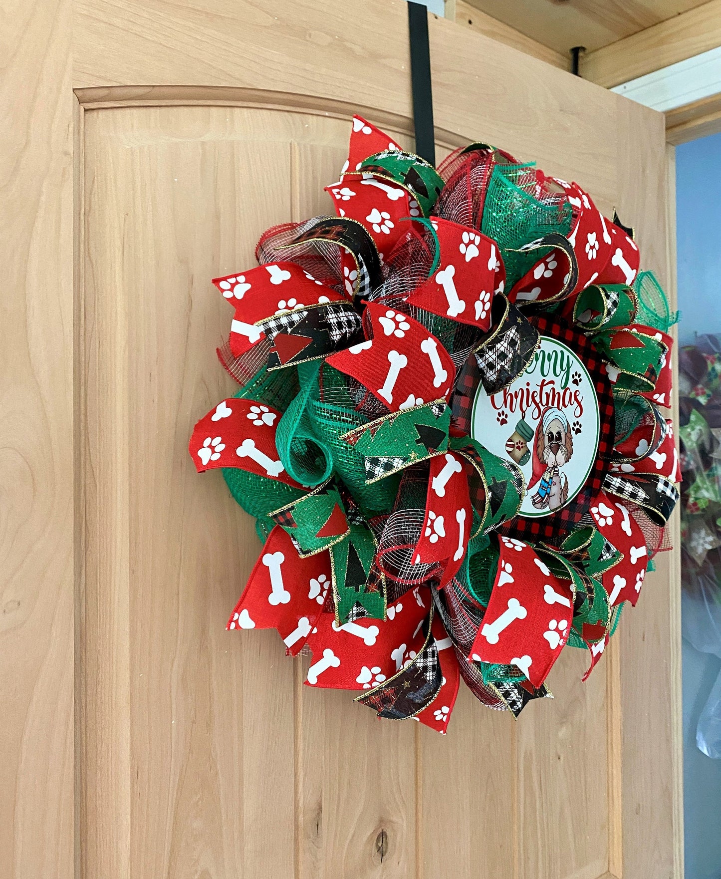 Merry Christmas Dog Wreath, Red, Green, White, Black, Paws, Dog Bones, Buffalo Plaid, Deco Mesh And Wired Ribbons, Small Size Wreath