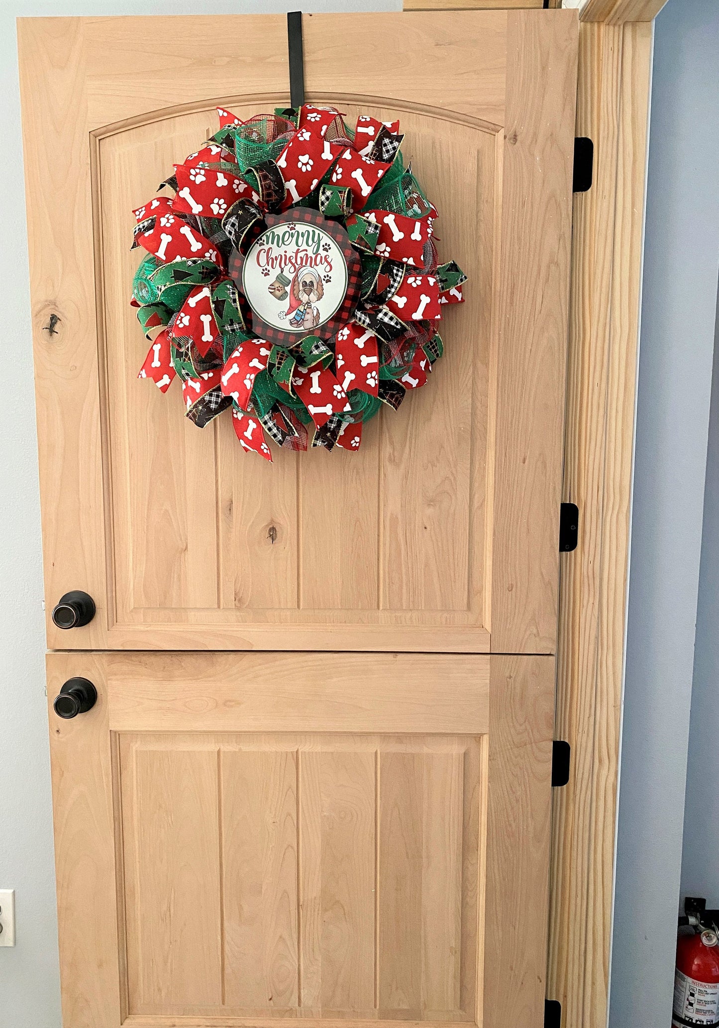 Merry Christmas Dog Wreath, Red, Green, White, Black, Paws, Dog Bones, Buffalo Plaid, Deco Mesh And Wired Ribbons, Small Size Wreath