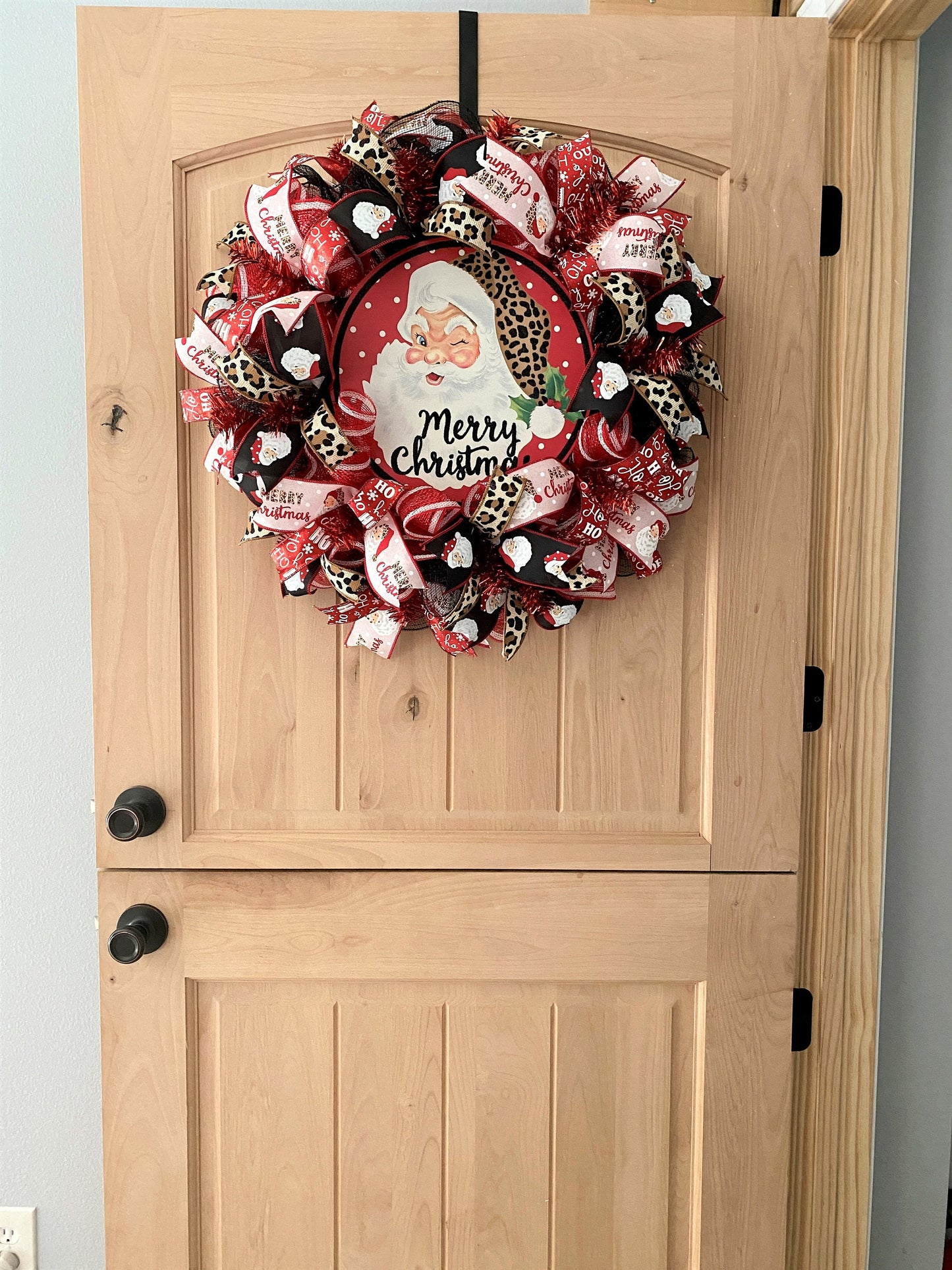 Merry Christmas Santa Wreath, Leopard, Red, Black, Pink, Brown, Gold, Deco Mesh and Wired Ribbons, Large