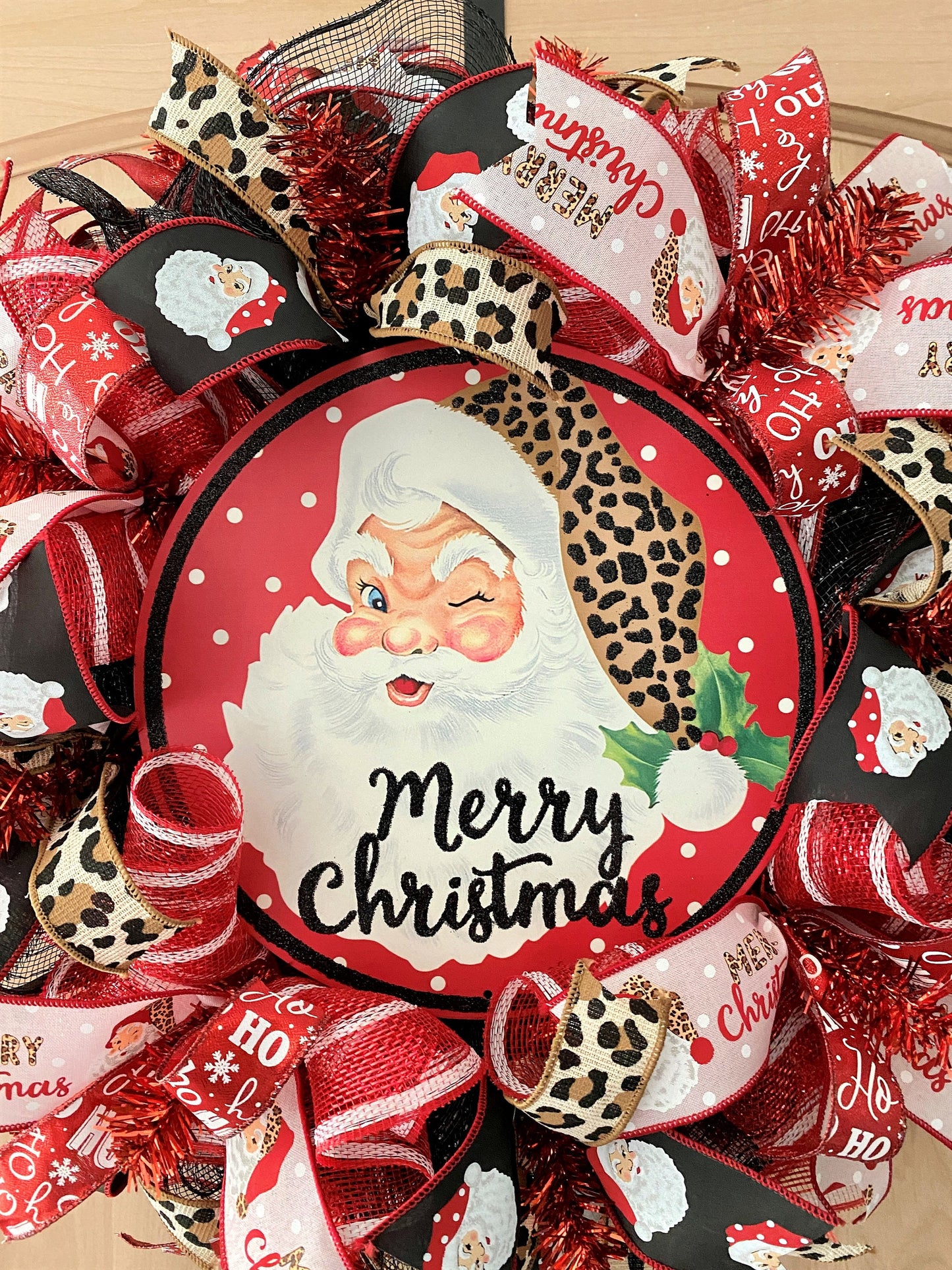 Merry Christmas Santa Wreath, Leopard, Red, Black, Pink, Brown, Gold, Deco Mesh and Wired Ribbons, Large