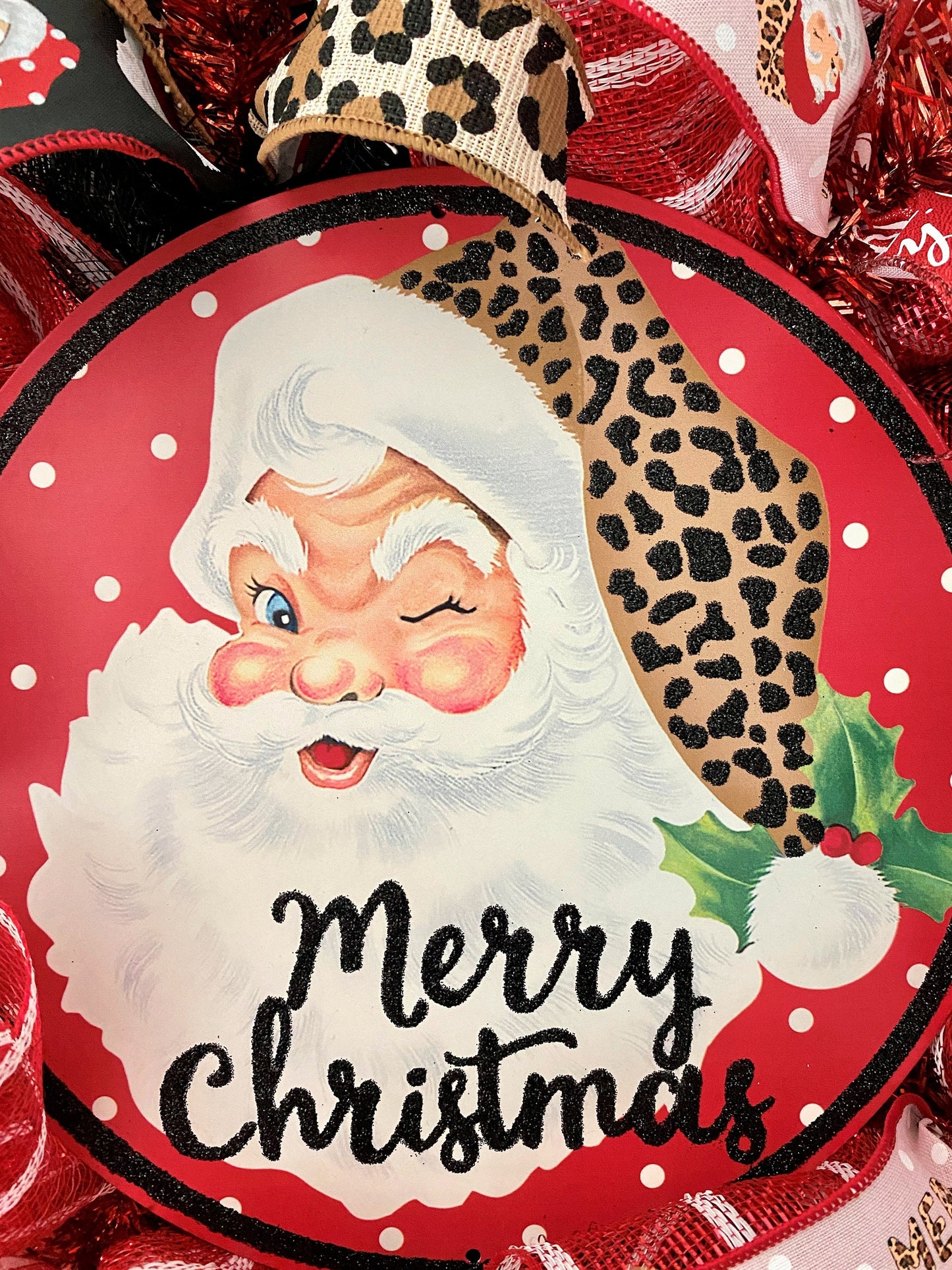 Merry Christmas Santa Wreath, Leopard, Red, Black, Pink, Brown, Gold, Deco Mesh and Wired Ribbons, Large
