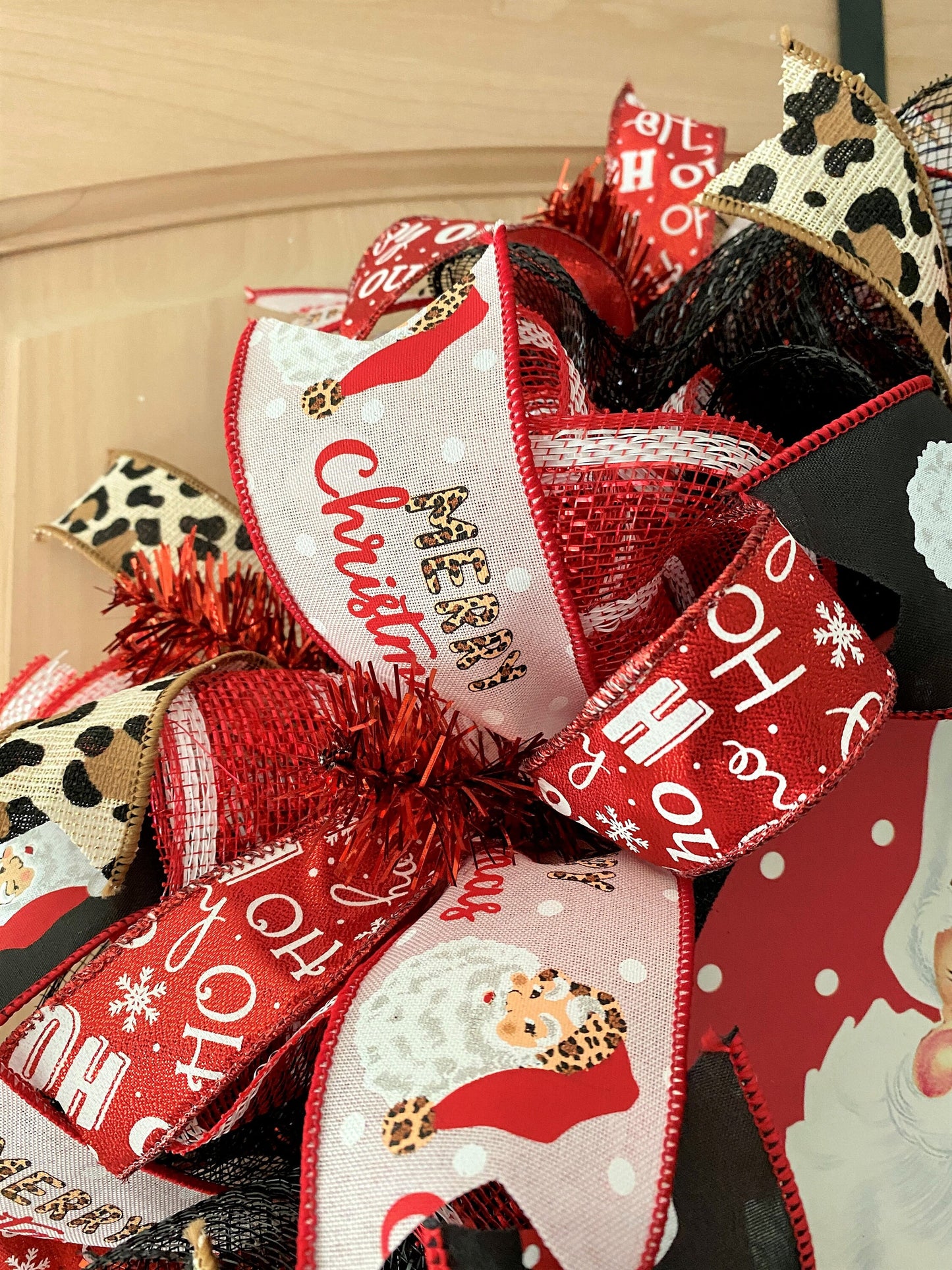 Merry Christmas Santa Wreath, Leopard, Red, Black, Pink, Brown, Gold, Deco Mesh and Wired Ribbons, Large