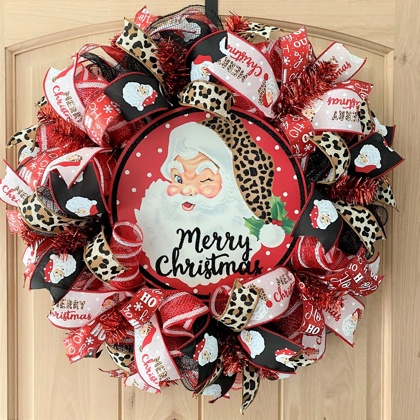 Merry Christmas Santa Wreath, Leopard, Red, Black, Pink, Brown, Gold, Deco Mesh and Wired Ribbons, Large