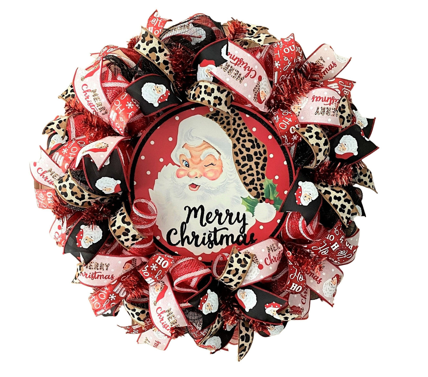 Merry Christmas Santa Wreath, Leopard, Red, Black, Pink, Brown, Gold, Deco Mesh and Wired Ribbons, Large