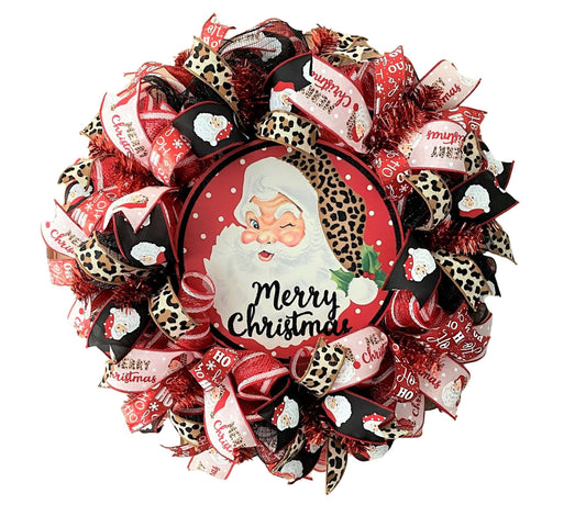 Merry Christmas Santa Wreath, Leopard, Red, Black, Pink, Brown, Gold, Deco Mesh and Wired Ribbons, Large