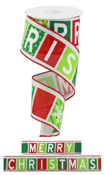 Merry Christmas Blocks, Red, Lime, Emerald, White, Wired Ribbon, 2.5" X 10 YD, RG01793T9