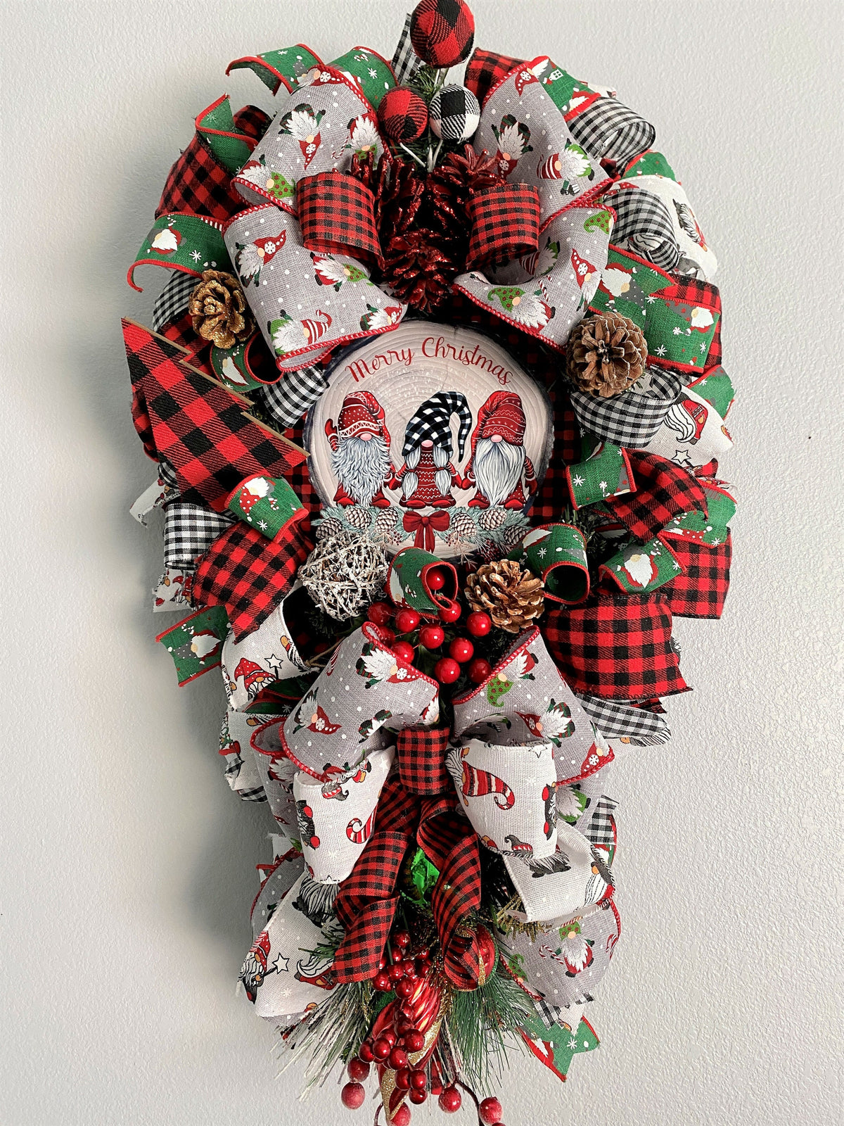 Gnome Door Swag, Merry Christmas, Red, and Black Buffalo Plaid, Ribbon, and Evergreen Teardrop Swag.