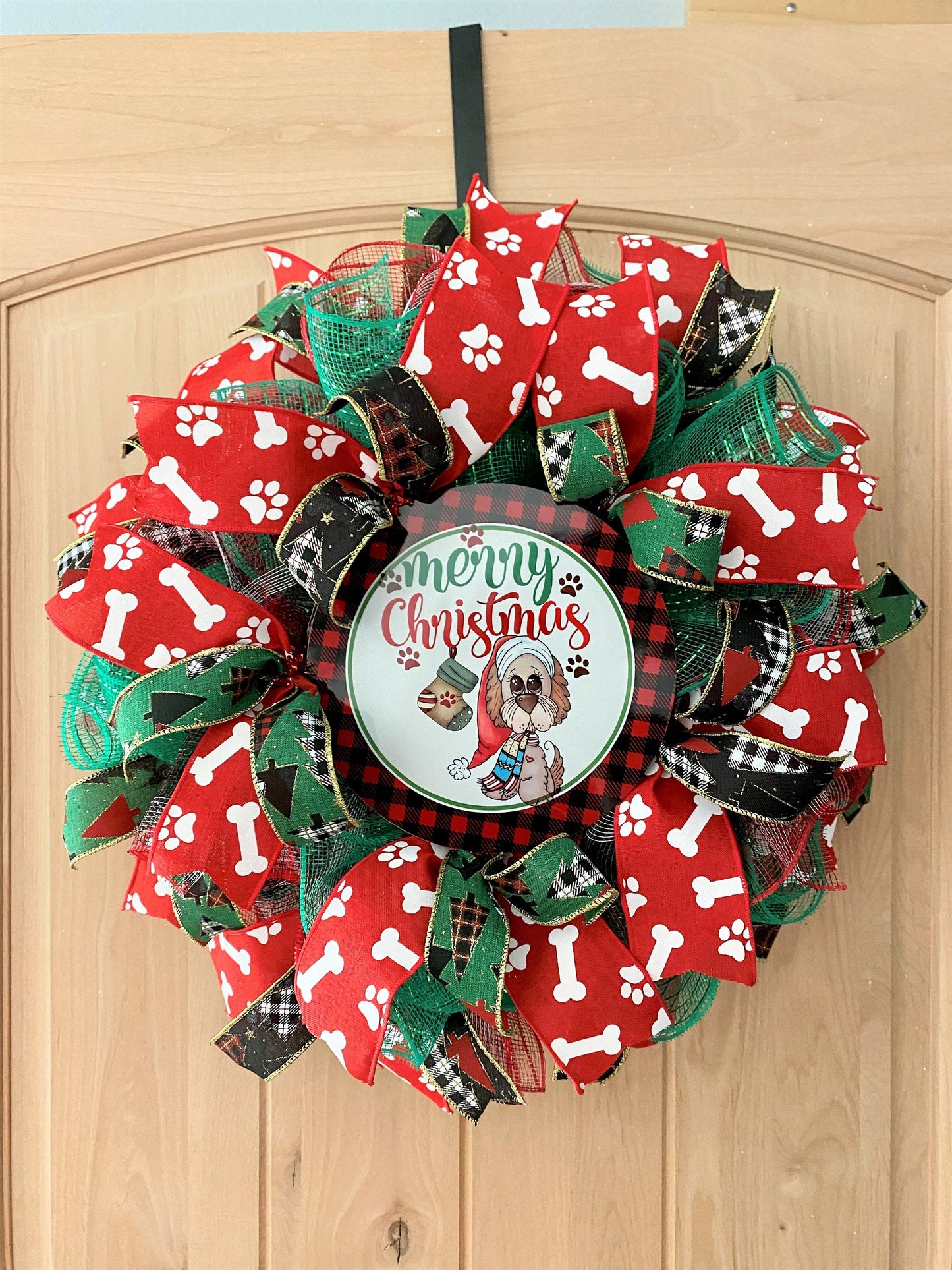 Merry Christmas Dog Wreath, Red, Green, White, Black, Paws, Dog Bones, Buffalo Plaid, Deco Mesh And Wired Ribbons, Small Size Wreath