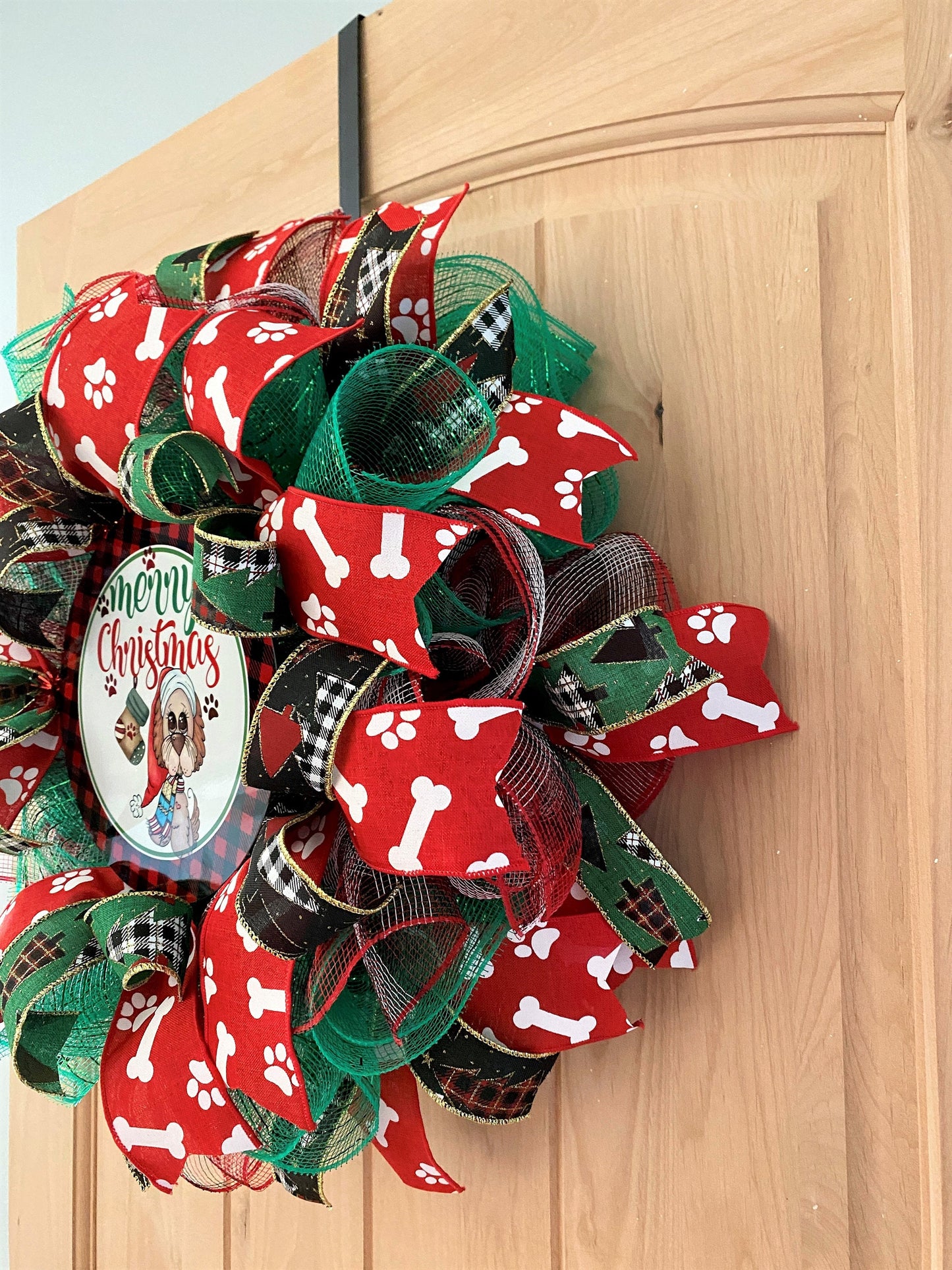 Merry Christmas Dog Wreath, Red, Green, White, Black, Paws, Dog Bones, Buffalo Plaid, Deco Mesh And Wired Ribbons, Small Size Wreath