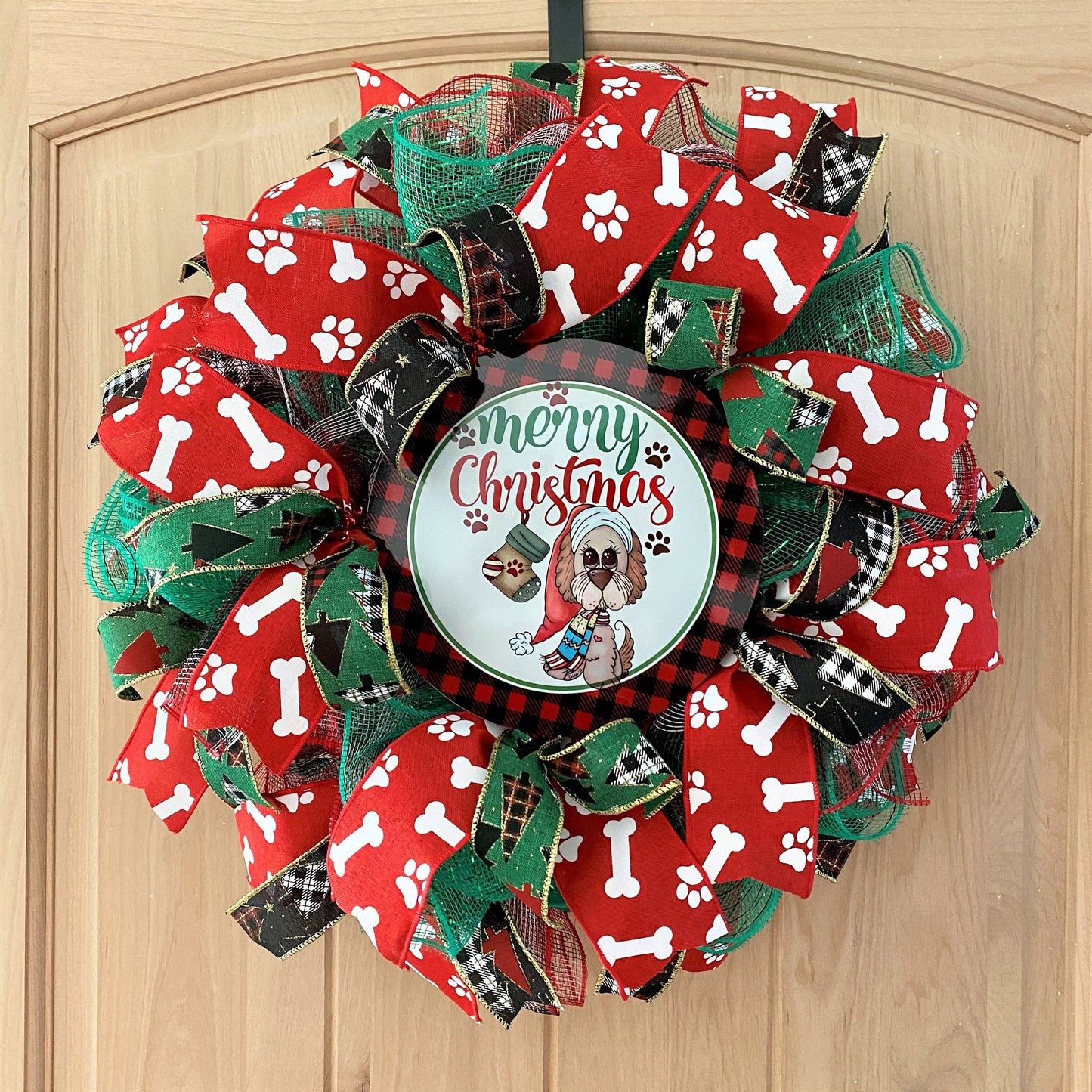 Merry Christmas Dog Wreath, Red, Green, White, Black, Paws, Dog Bones, Buffalo Plaid, Deco Mesh And Wired Ribbons, Small Size Wreath
