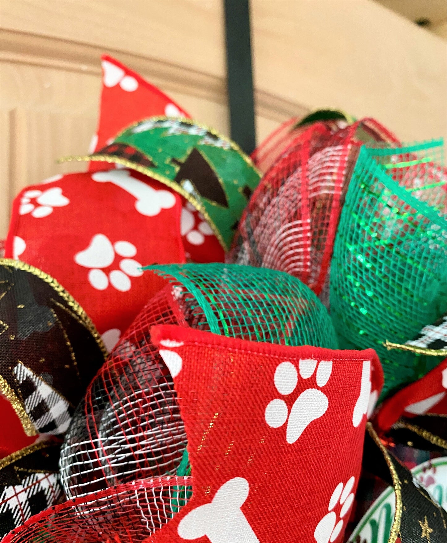 Merry Christmas Dog Wreath, Red, Green, White, Black, Paws, Dog Bones, Buffalo Plaid, Deco Mesh And Wired Ribbons, Small Size Wreath