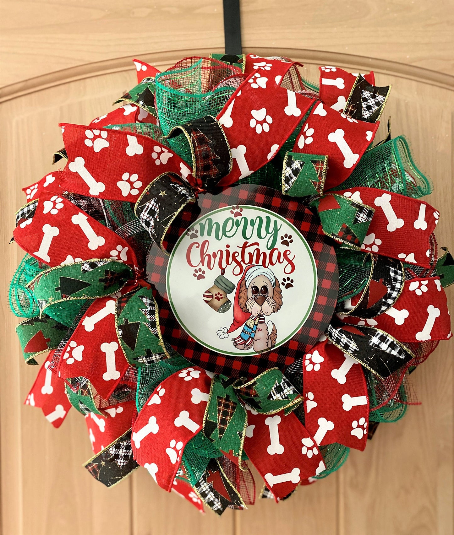 Merry Christmas Dog Wreath, Red, Green, White, Black, Paws, Dog Bones, Buffalo Plaid, Deco Mesh And Wired Ribbons, Small Size Wreath