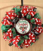 Merry Christmas Dog Wreath, Red, Green, White, Black, Paws, Dog Bones, Buffalo Plaid, Deco Mesh And Wired Ribbons, Small Size Wreath