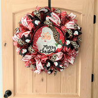 Merry Christmas Santa Wreath, Leopard, Red, Black, Pink, Brown, Gold, Deco Mesh and Wired Ribbons, Large
