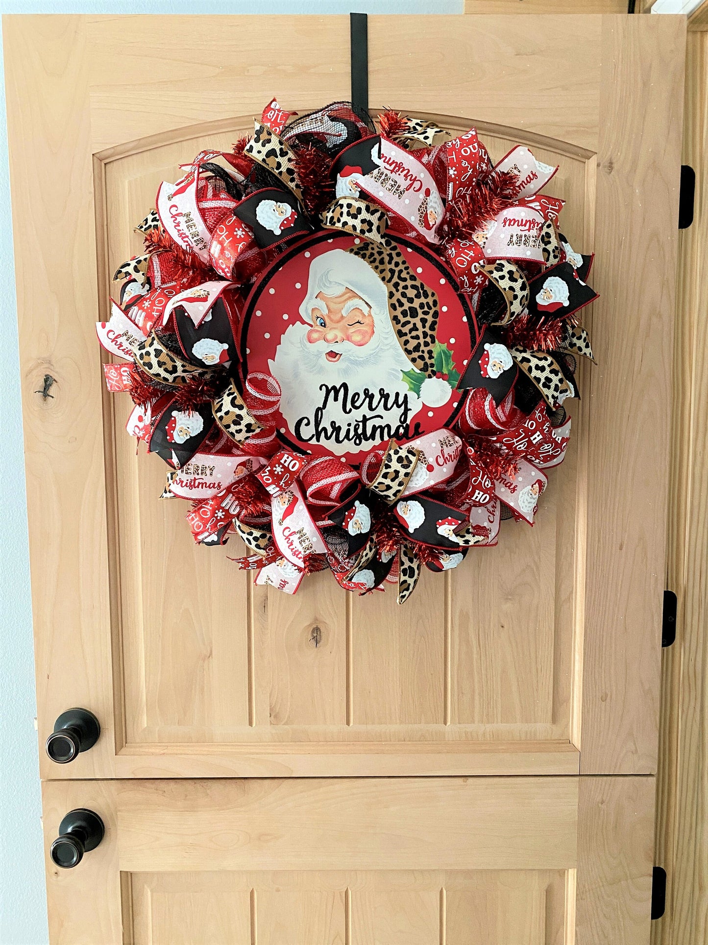 Merry Christmas Santa Wreath, Leopard, Red, Black, Pink, Brown, Gold, Deco Mesh and Wired Ribbons, Large