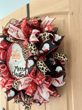 Merry Christmas Santa Wreath, Leopard, Red, Black, Pink, Brown, Gold, Deco Mesh and Wired Ribbons, Large