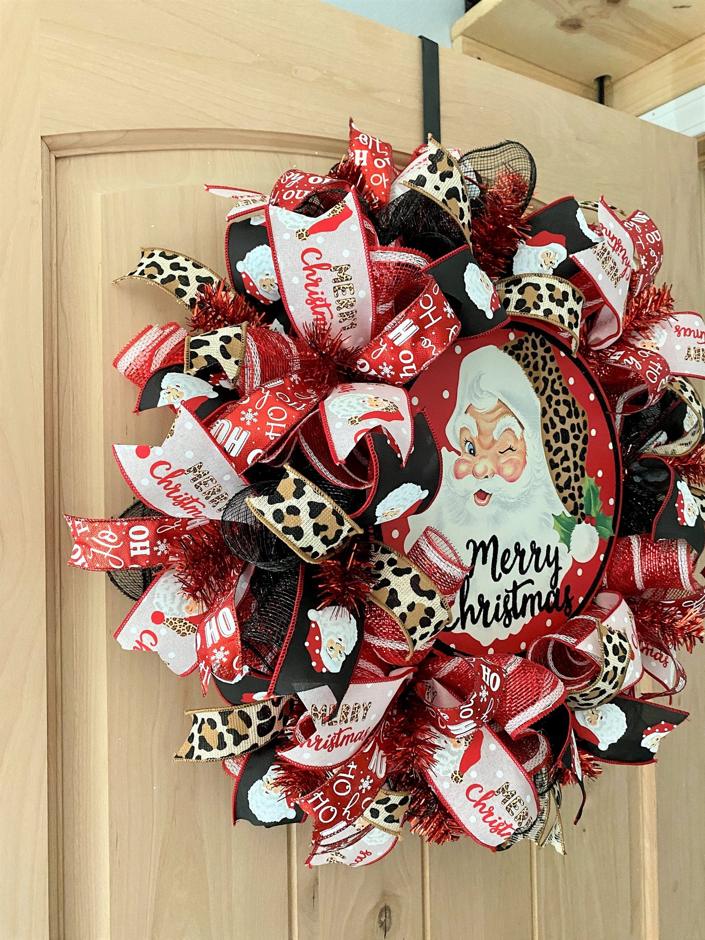 Merry Christmas Santa Wreath, Leopard, Red, Black, Pink, Brown, Gold, Deco Mesh and Wired Ribbons, Large