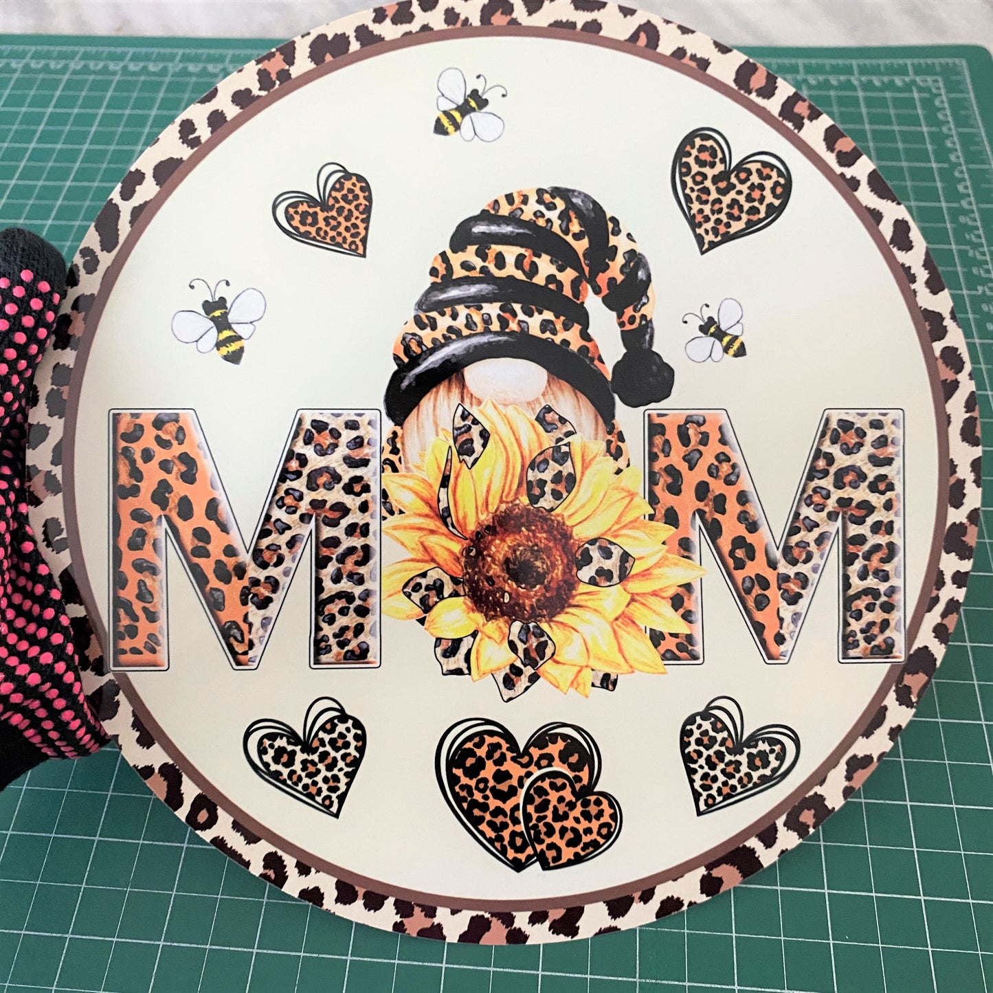 Leopard Gnome, MOM, Sunflowers, Mother's Day, Round, Light Weight, Metal Wreath Sign, No Holes
