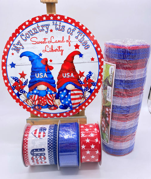 USA Gnome, Patriotic, Sign, Ribbon and Mesh Set