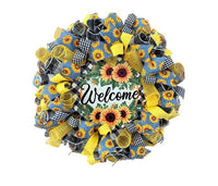 Welcome Sunflower Wreath, Plaid, Faux Jute, Poly Deco, Mesh, Wired Ribbons, Large Size, Yellow, Orange, Brown, Green, Black, White
